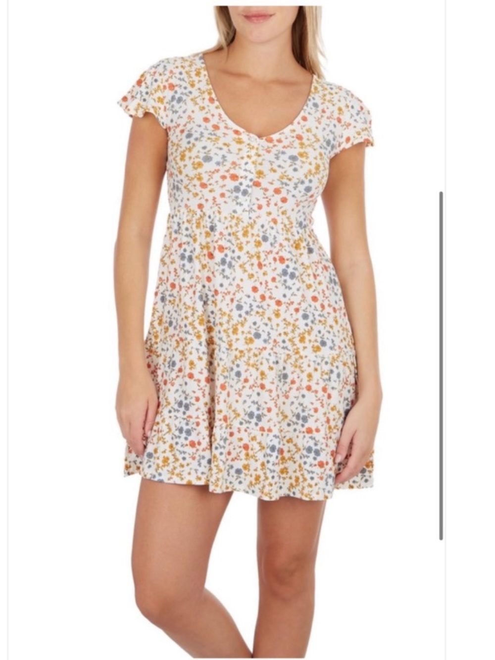 Derek Heart White Floral V- Neck Mini Dress with Orange, Yellow & Blue Blooms
